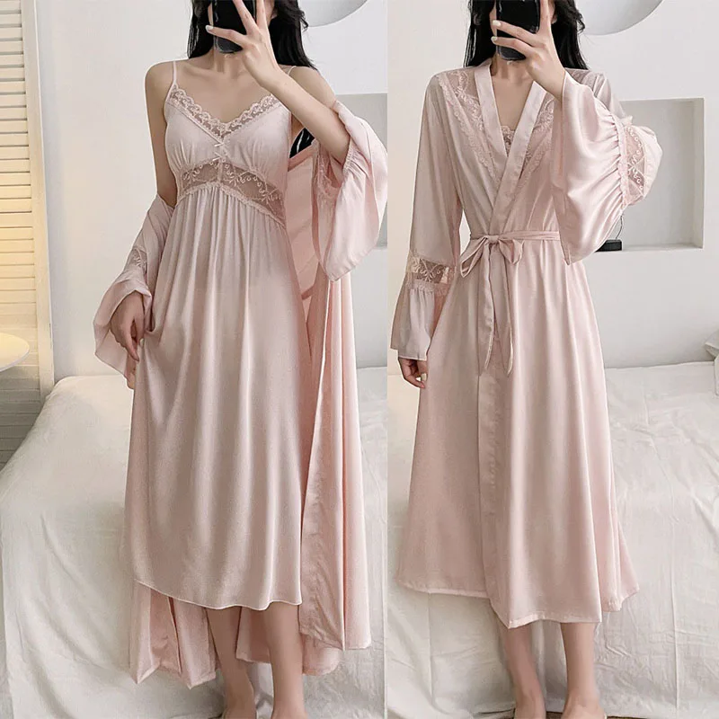 

2Pcs Robe Set Long Palace Style Lace Patchwork Nightdress Kimono Loose Bride Wedding Dress Casual Outfit Home Clothes Loungewear