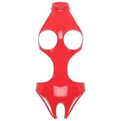 Women's Wetlook Bodysuit Cupless Latex Catsuit Sexy Hot Open Crotch Lingerie Patent Leather Cut Bra Bodycon Jumpsuit Rave Dance