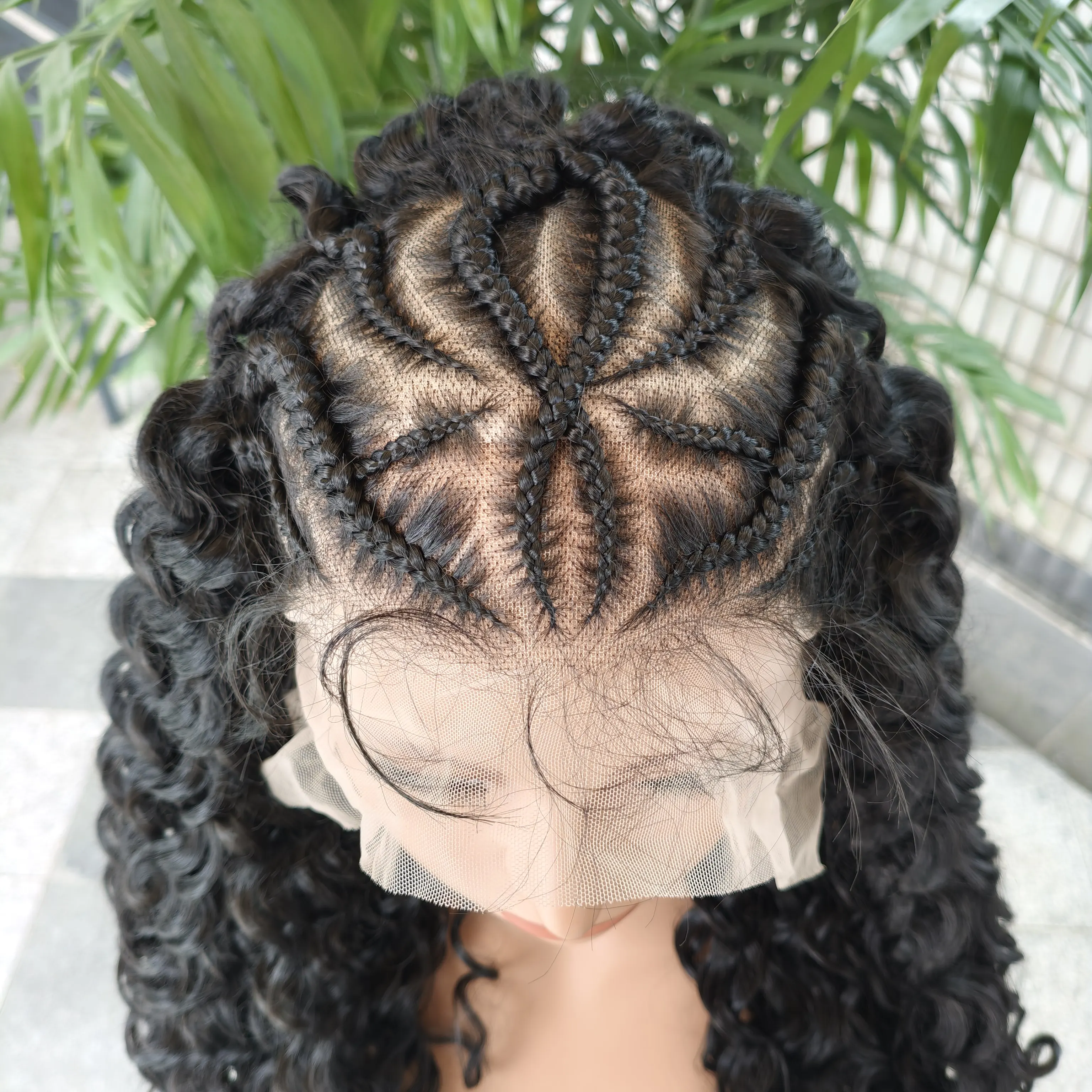 Wig Rambut Kepang Deep Wave Full Lace dengan Baby Hair untuk Wanita, Wig Rambut Sintetis Half Cornrow, Wig Kepang Pre-Styled