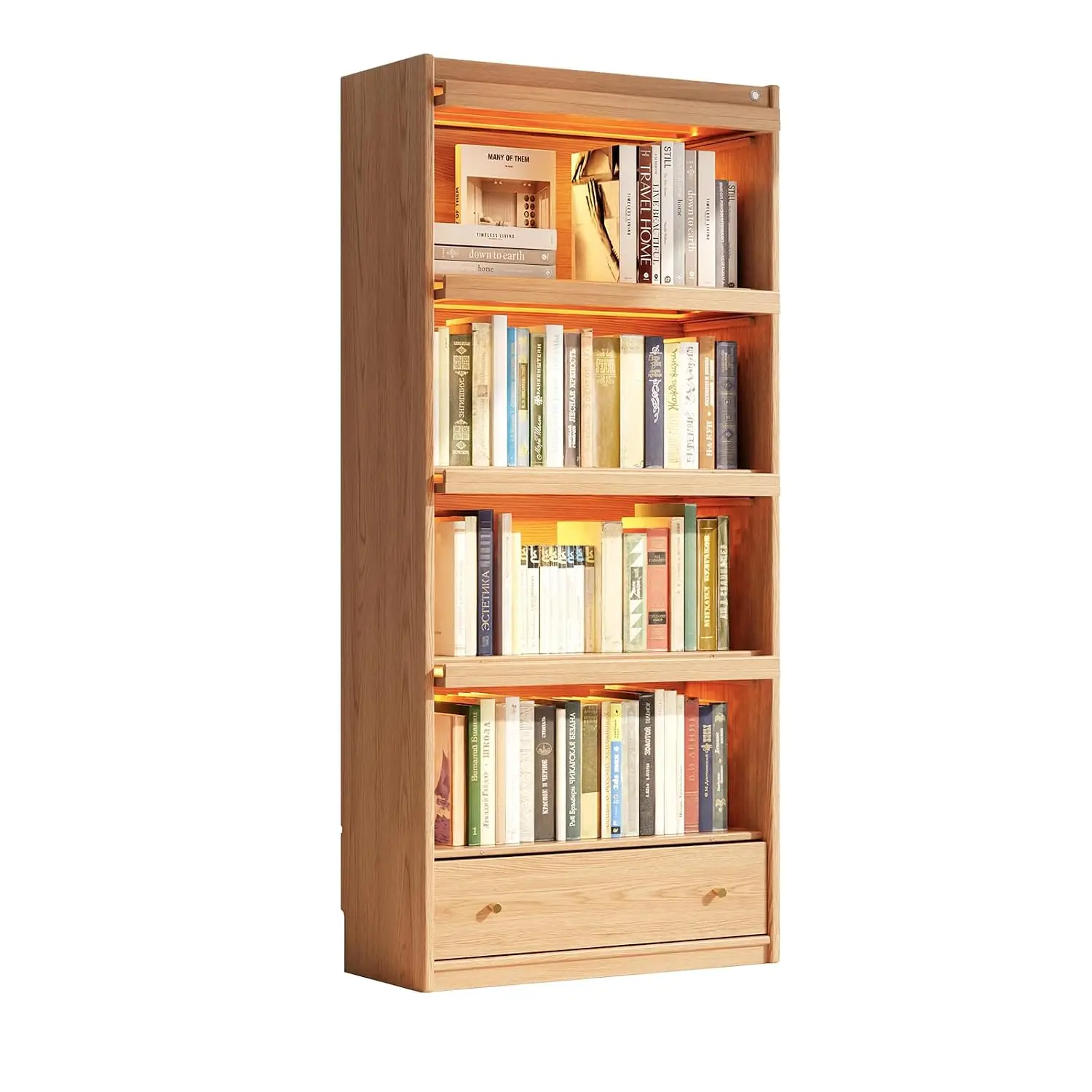 Solid Wood Bookcase Glass Doors LED Lights, 4-Tier Shelf Drawer, Display Cabinet Living Room Office, Customized
