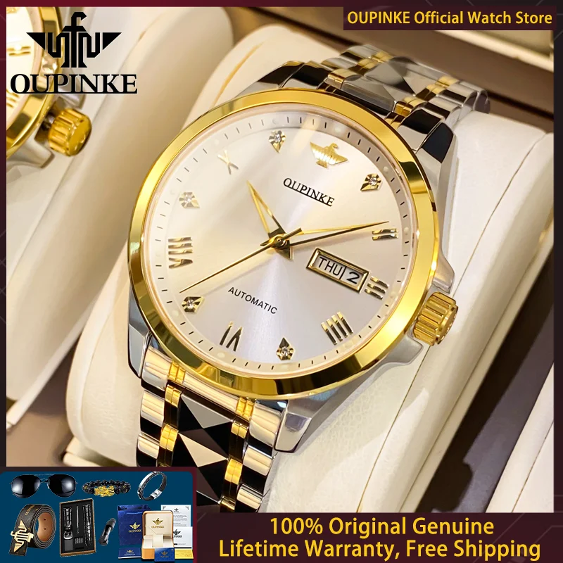 

OUPINKE 3171 Men Mechanical Watch Luxury Original All Automatic Watch Roman Scale Dual Calendar Sapphire Mirror Simple Men Watch