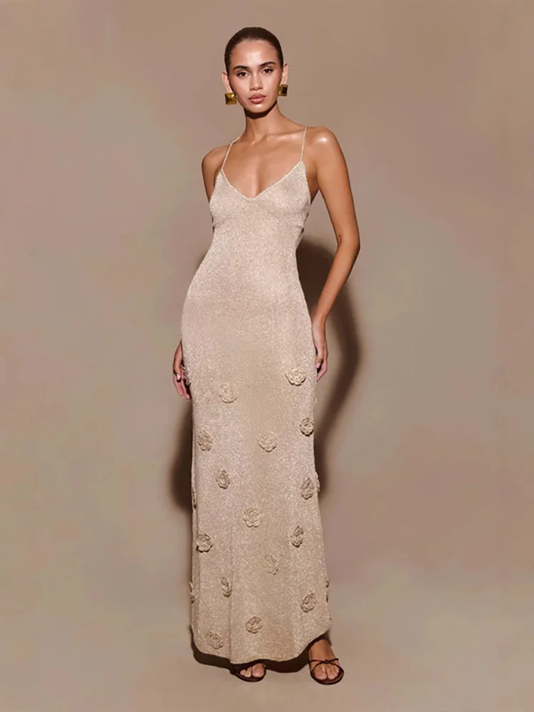 JHJN Blote rugband Bretels Strand Kust Gebreide bandjurk Gehaakte Flash Wire Elegante lange jurk Driedimensionale bloemen