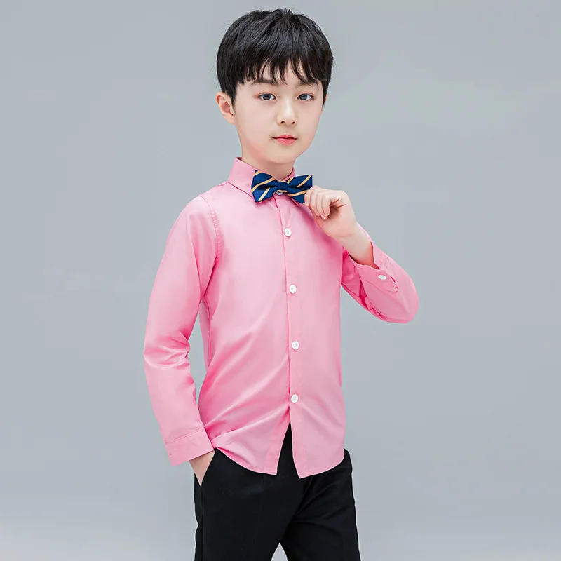 LOlanta Kids Long Sleeve Shirt Boys Formal Wedding Party Wear Child Solid Bottoming Shirt for 3-14 Years White Blue Pink