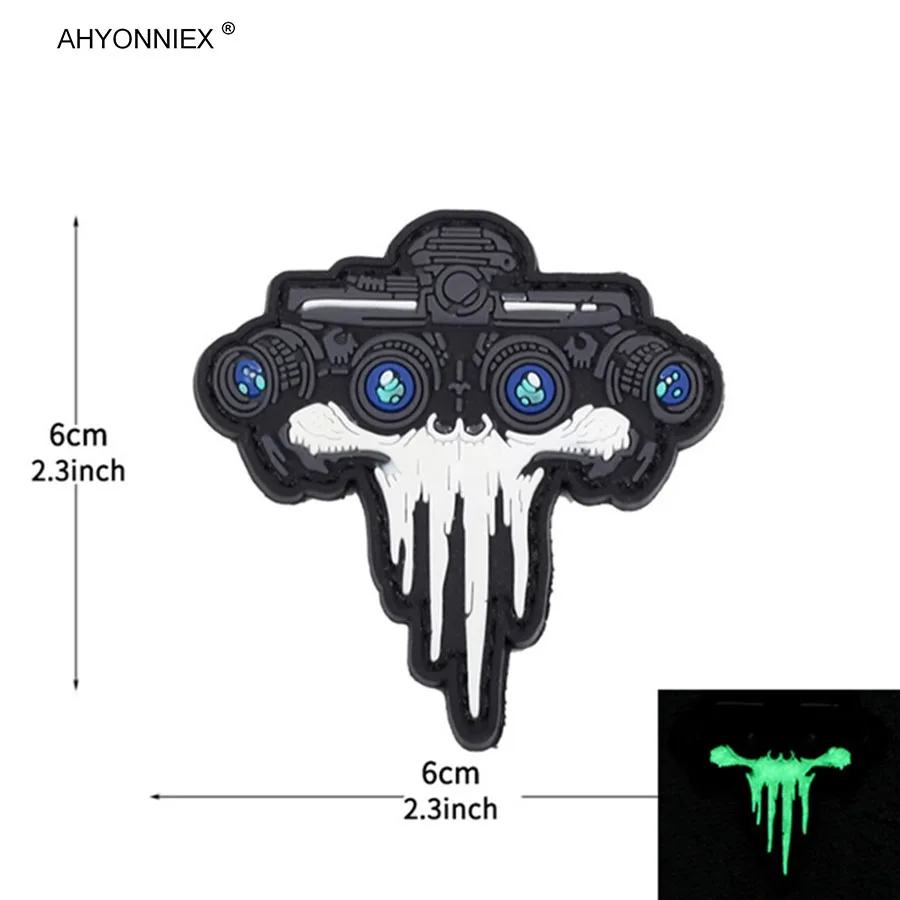 AHYONNIEX 1PC PVC Night Vision Goggles Skull Patch Tactical Medal Luminous Hook&Loop Badge Military Stickers for Backpack