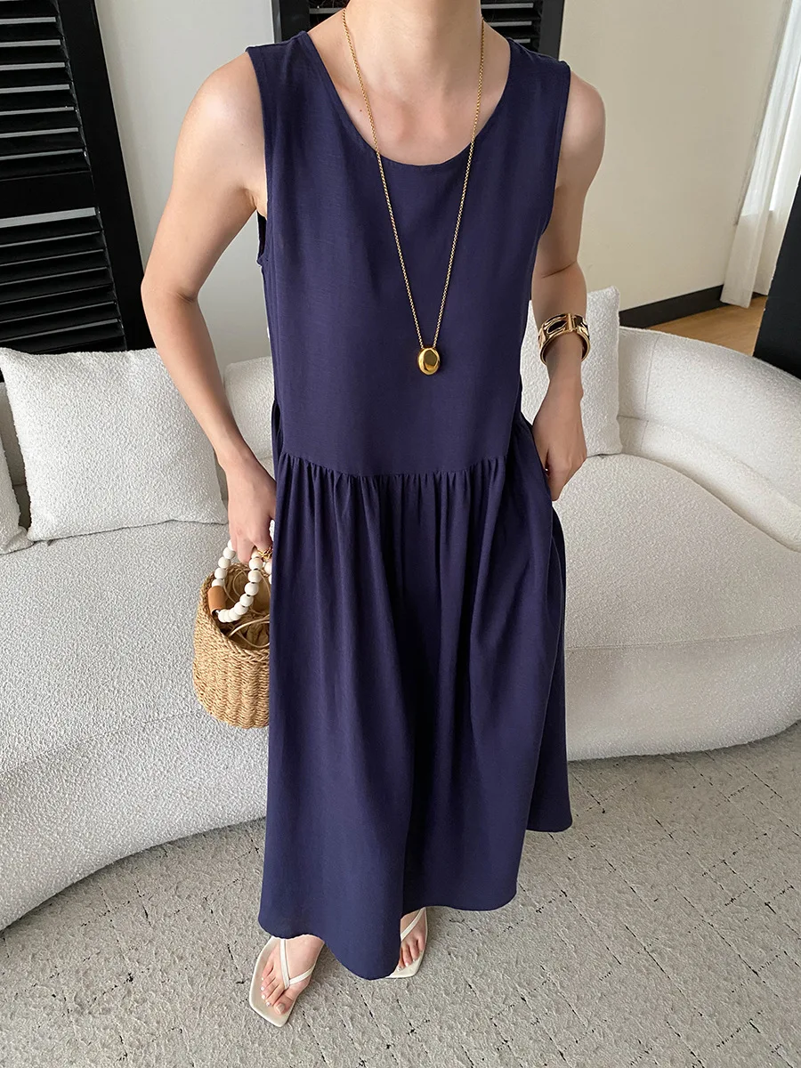 Sommerliches, lässiges, einfarbiges, ärmelloses Patchwork-Kleid mit Rundhalsausschnitt für Damen – Detail 24