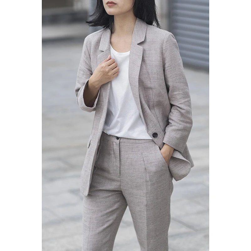 

Loose Fit Cotton Linen Suit Comfortable Soft Hand Feel Diagonal Pattern Button Detailing Commute Sle Casual Women's Wear