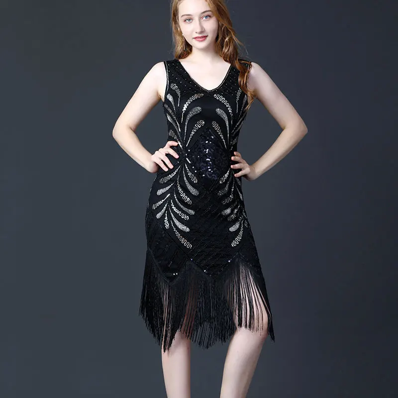 Pauw Vintage Mode V-hals 1920 Sequin Fringe Flapper Great Gatsby Stage Dance Kleding Vrouwen Latin Jurk Dragen Kostuums