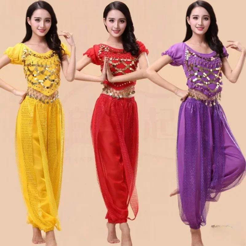 벨리 댄스 인도 댄스 의상 성인 여성용 볼리우드 인도 이집트 시폰 사리 신부 벨리 팬츠 댄스 연습 세트