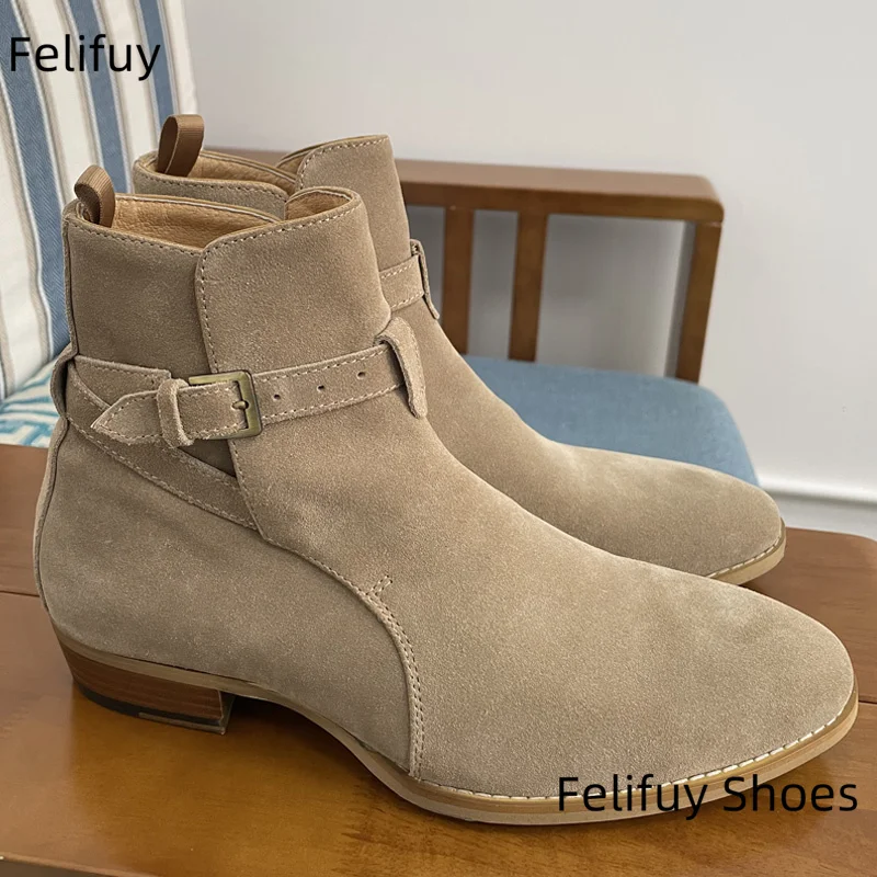 

New Black Short Boots for Men Cow Suede Buckle Strap Fashion Ankle Boots Business Square Toe High Top Men Boots