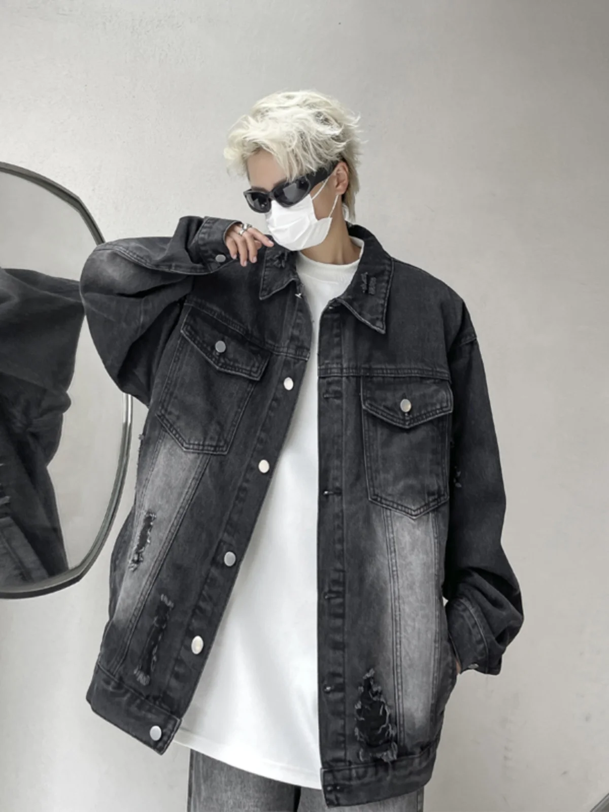 

Bla Waed out Vintage Denim Jaet Men's Trendy Brand Hong Kong Sle Japanese Retro Cool Loose BF Hole Casual Coat