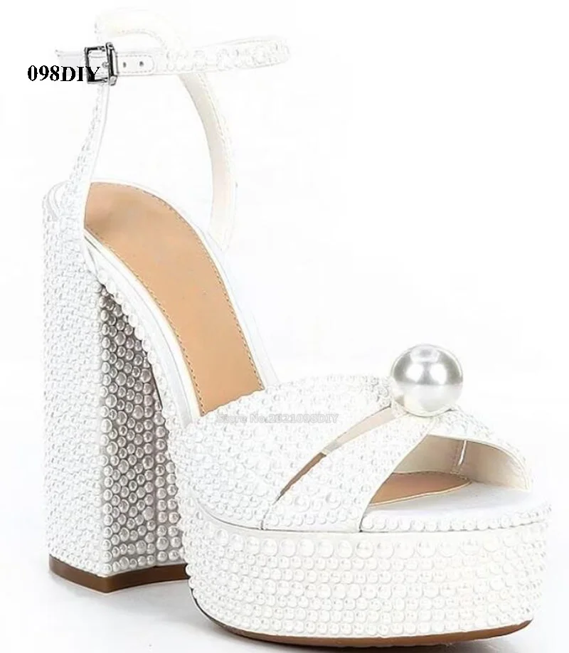 

Two Open Toe Embellished Pearl Studded Platform Sandals High Heel Shoes Women Ankle Strap Heeled Summer Party Shoes