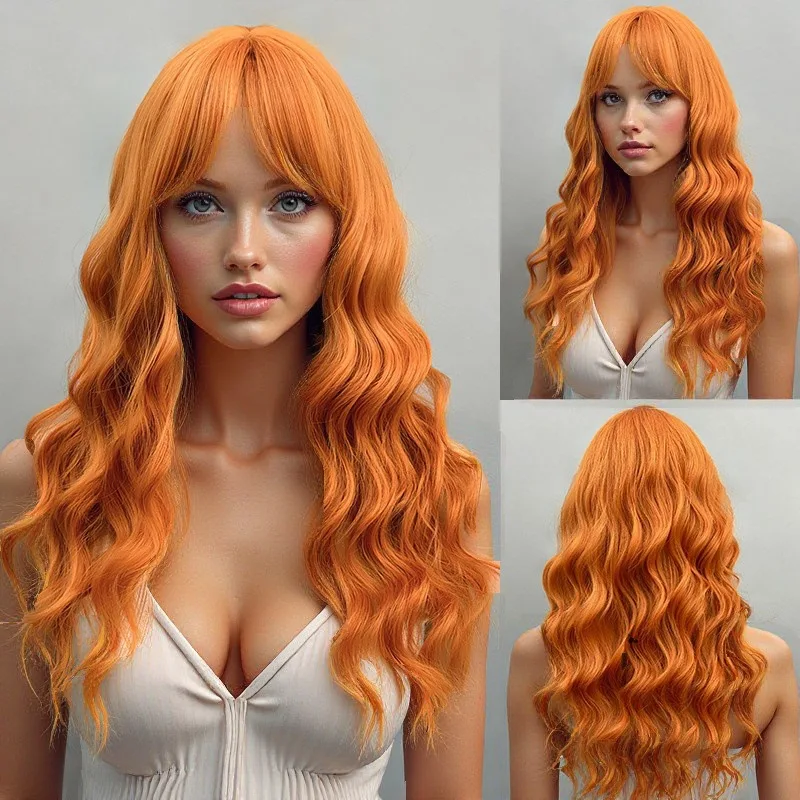 باروكة برتقالية طويلة ومموجة بطول 22 بوصة مع غرة - باروكة من الألياف ذات المظهر الطبيعي #1