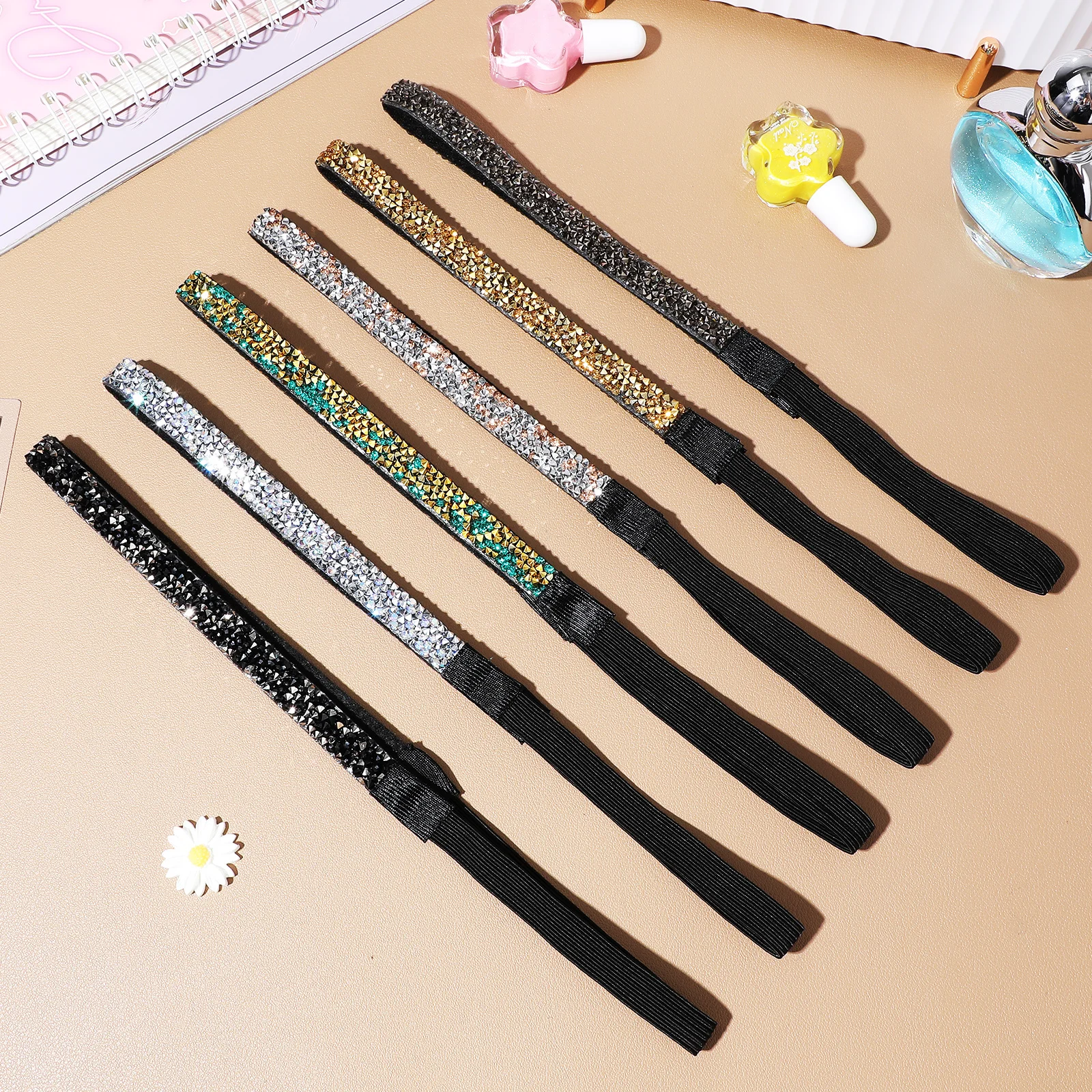 

6 pcs Elastic Headbands Glitter Rhinestone Hair Bands Lightweight Stretchy Sparkly Head Chain For Women Party Wedding Festival