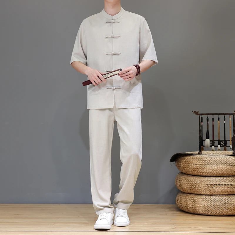 

Chinese Tang Suit Ice Silk Short Sleeve Shirt +Trousers Mens Hanfu Kung Fu Shirt Tai Chi Linen Sets Men Summer Kung Fu Suit