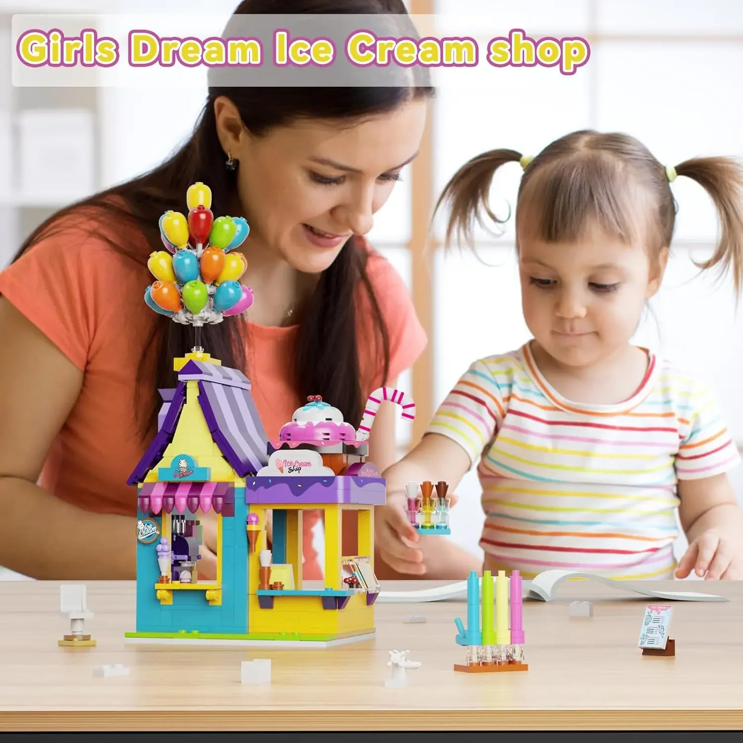 Ice Cream Shop Building Blocks Set Ice Cream Dessert Store Model Toys Castle Style with Balloons Birthday Gift Idea for Girls 6+