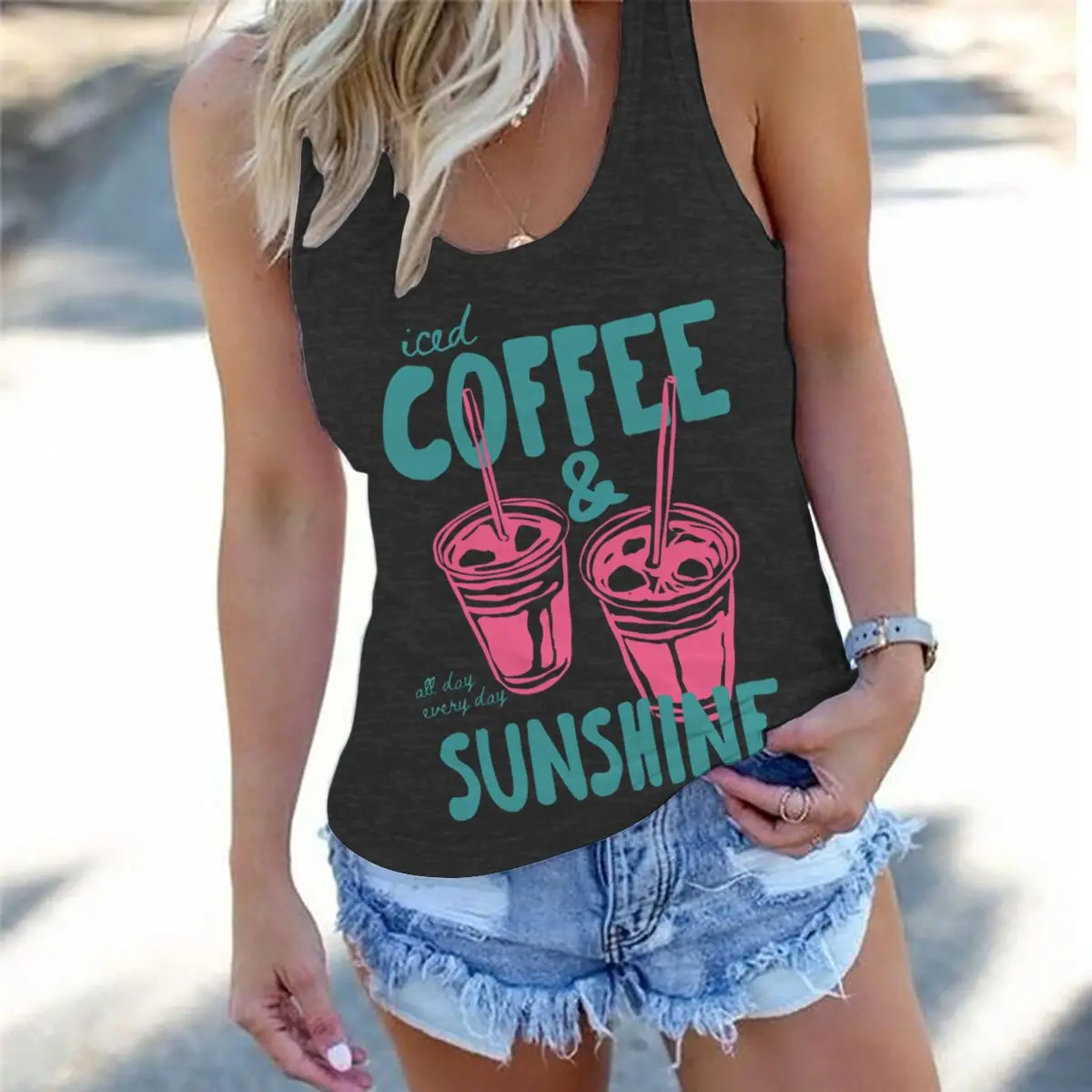 Iced Coffee And Sunshine Beach Vacation Clothes For Women Sleeveless Graphic Tee Tank Tops 2026 Summer Casual Camisole