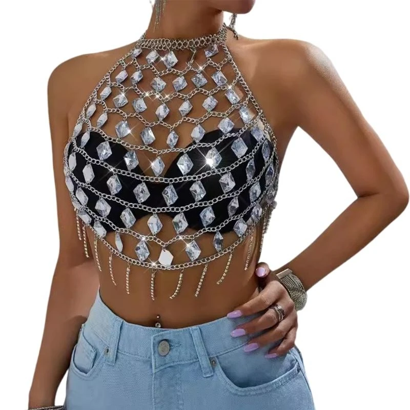 Womens Layered Acrylic Crystal Camisole Body Chain Jewelry Sparkling Rhinestones Halterneck Backless Crop Top Clubwear