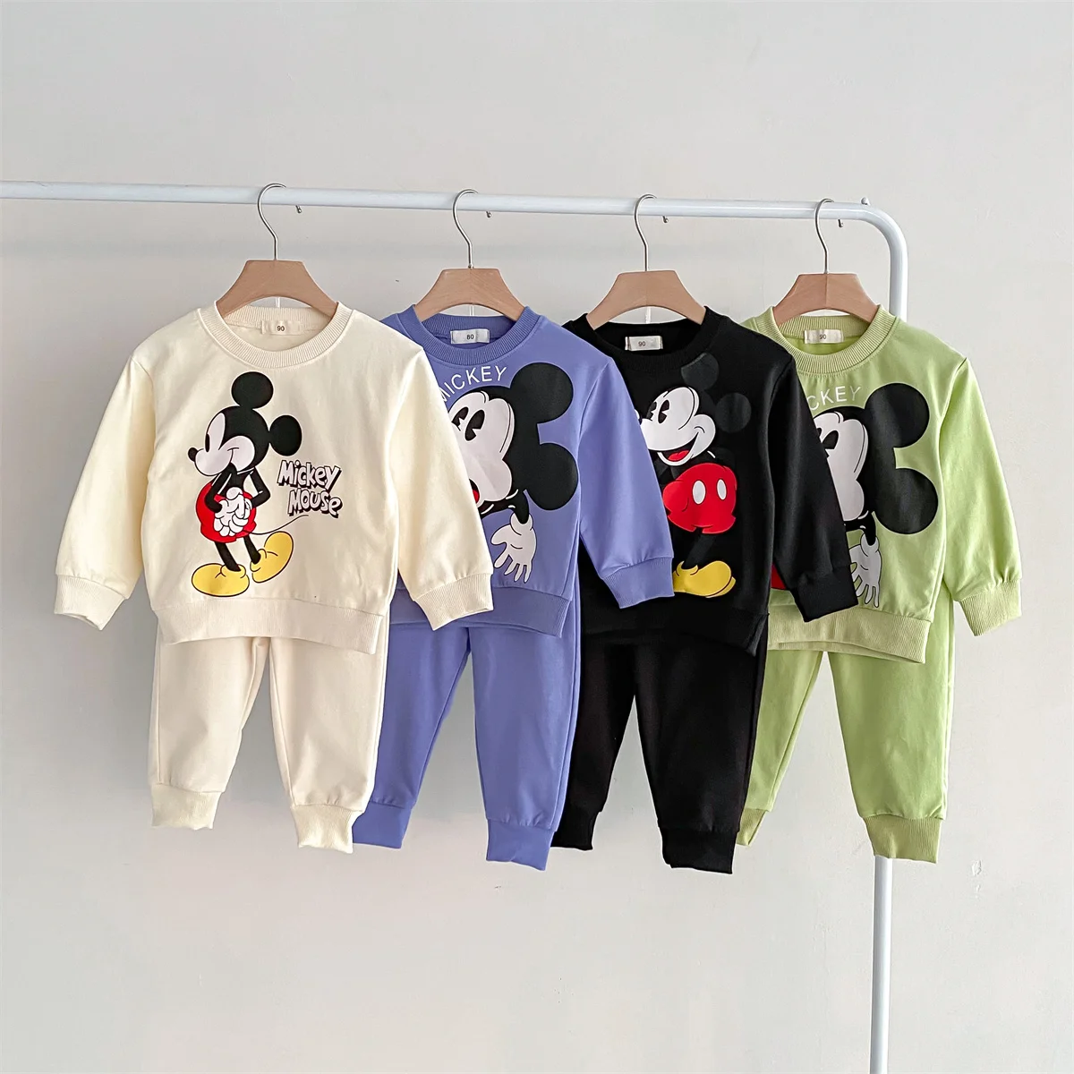 Disney Mickey Children\' Tracksuit Cartoon Fashion Loose Baby Girl Boy Long Sleeve Crewneck Hoodies + Pants Two Piece Set Clothes