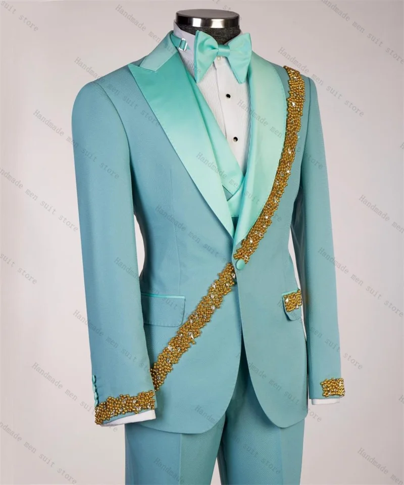 

Sky Blue Men Suits 2 Piece Blazer+Pants Luxury Crystals Stone Groom Wedding Tuxedo Coat Customized Formal Office Cotton Jacket