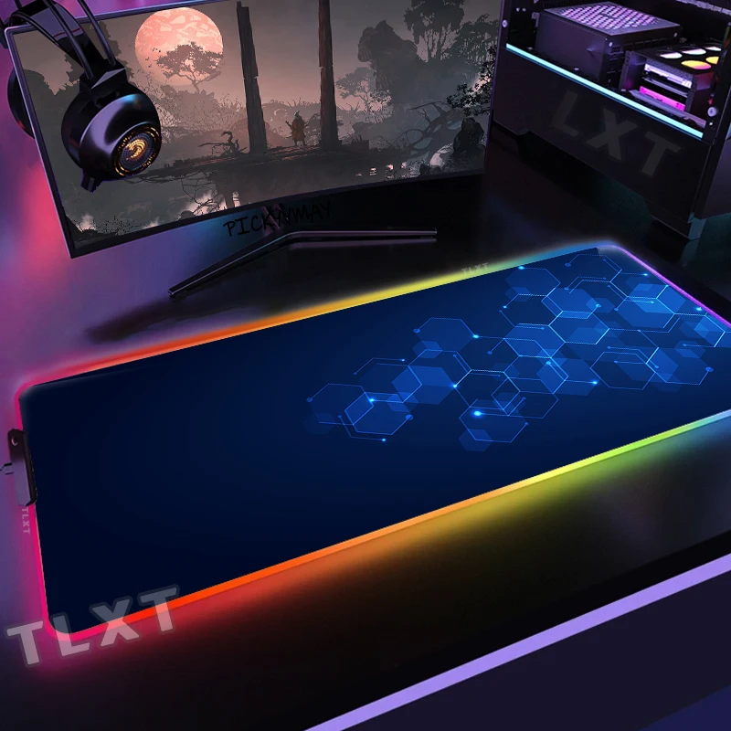 

Большой коврик для мыши RGB, игровые коврики для мыши, коврик для мыши, коврики для клавиатуры, противоскользящий шестигранный геометрический Коврик для мыши XXL, светящийся Настольный коврик