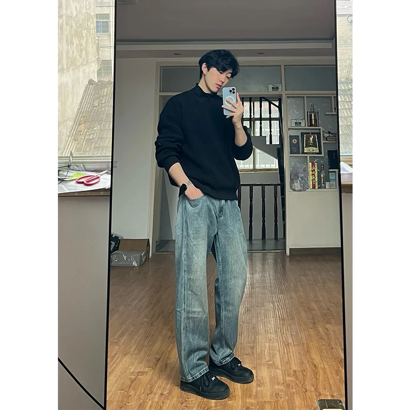 

Deep Blue American High Street Straight Leg Men's Jeans Trendy Loose Trousers Spring Autumn Long Leg Effect Casual Jeans