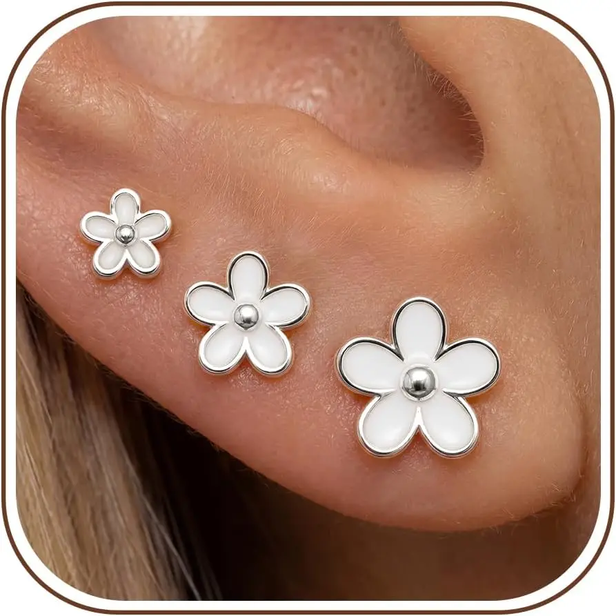 

3 Pairs Sterling Silver Stud Earrings for Women, Silver Flower Cubic Zirconia Hypoallergenic Helix