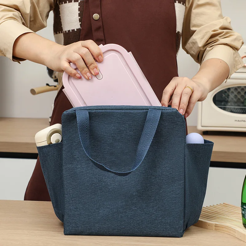 Custom Retro Leather Label Large Capacity Double Side Pocket Lunch Box Bag Work and School Portable Insulated Lunch Lunch Bag