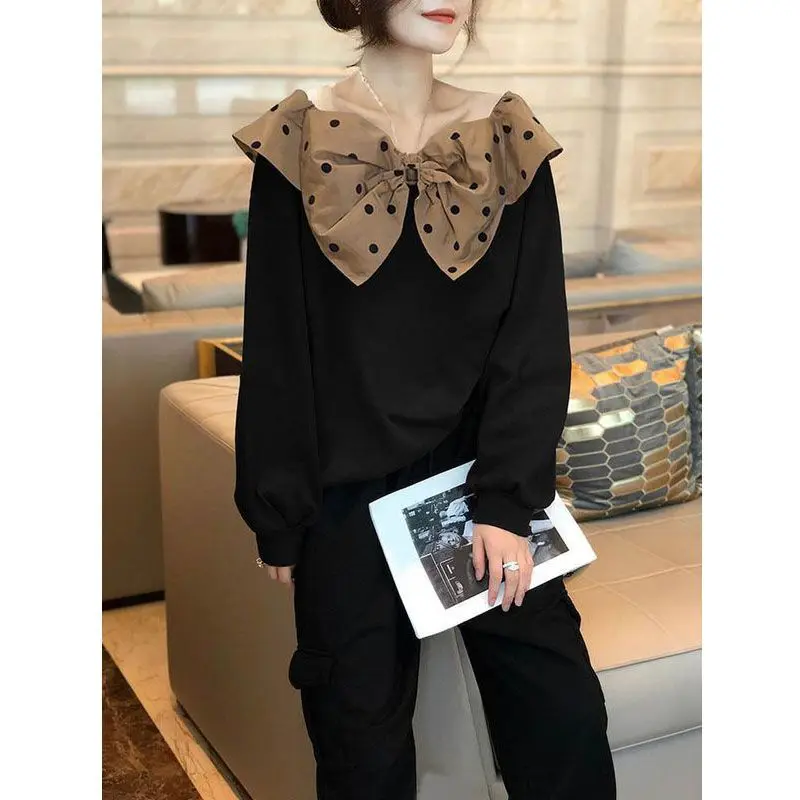 Black Bow Doll Neck Hoodie for Women Loose Plus Size Lazy Ruffle Edge Pullover Top Autumn 2024