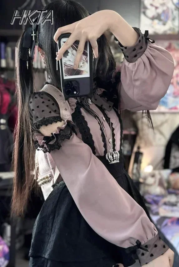 Japanese Mine Mass-Produced Shirt Women Sweet Girls Lace Bow Off-Shoulder Long Sleeve Top Y2k Autumn New Lolita Blouse Female