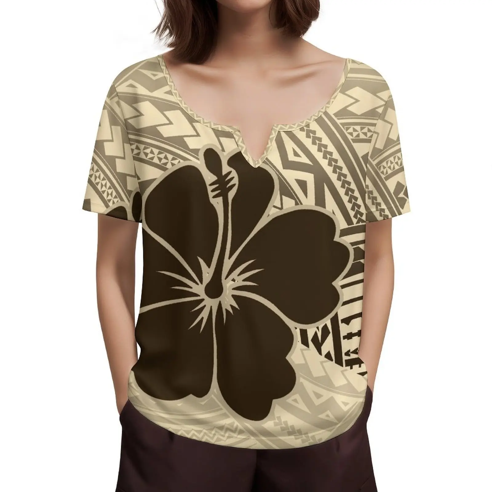 

Women'S V-Neck Short Sleeve T-Shirt Polynesian Tribal Fashion Women'S Plus-Size Top Hawaiian Beach Party Top