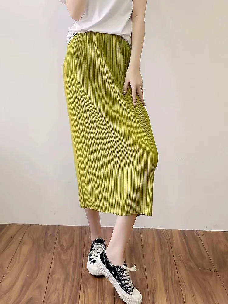 

Miyake Pleated Skirt for Women, Korean Fashion, Stretch, Classic, Lake Blue, Straight, Long Skirts, Casual Style, Spring