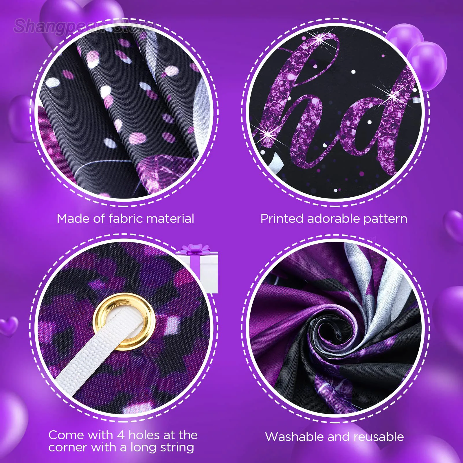 Birthday Decoration Banner Large Happy Birthday Banner for Women Men Purple Black Birthday Theme Party Backdrop for Birthday