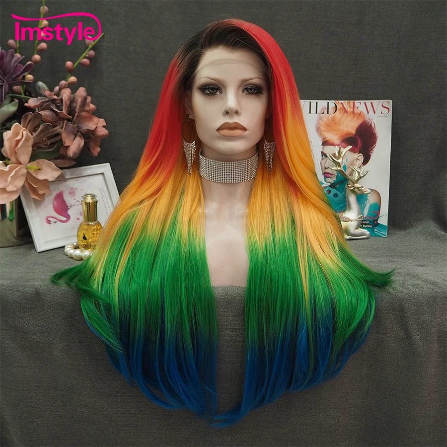 

Imstyle Colorful Wig Long Synthetic Lace Front Wig Rainbow Ombre Straight Wigs For Women Heat Resistant Fiber Party Cosplay Wigs