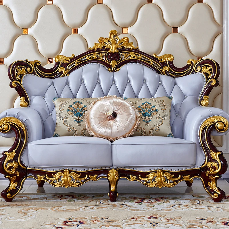 European-Style Luxury Living Room Furniture Full Solid Wood Carved Villa Genuine Leather Sofa Cooling Feature for Apartment Use