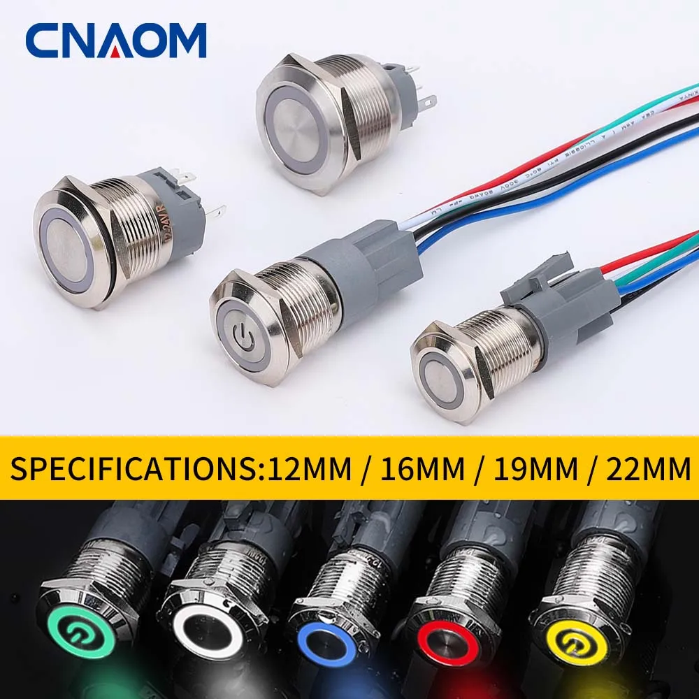 

CNAOM 12/16/19/22mm Metal Pushbutton Switch with Light LED Self-resetting Self-locking Small Round Tap Start Power Button