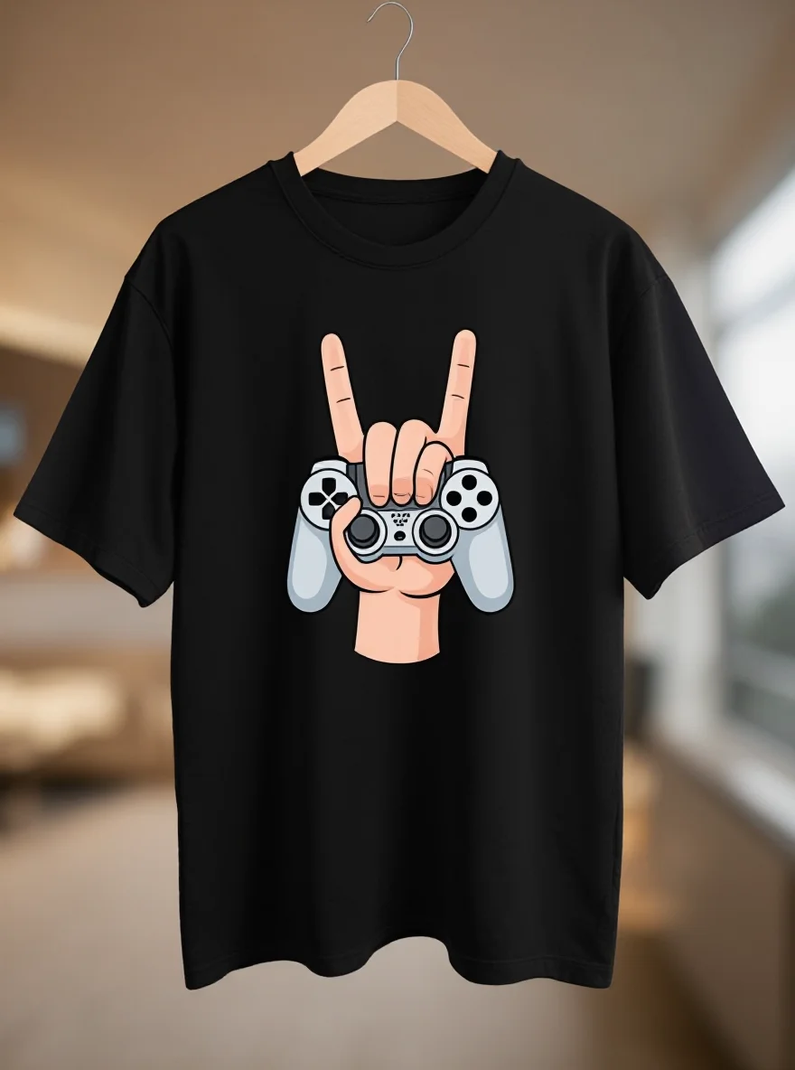 

Men's Gaming T-Shirt - Red Controller/Peace Sign Print Durable Summer Gamers Tee