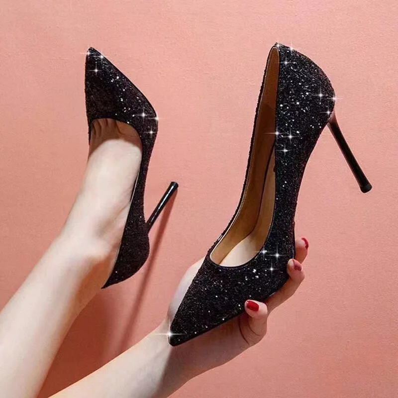 Summer And Autumn New Large-size Fashion French high-heeled Shoes Pointed Sequins sexy Elegant thin-heeled Women's single shoes