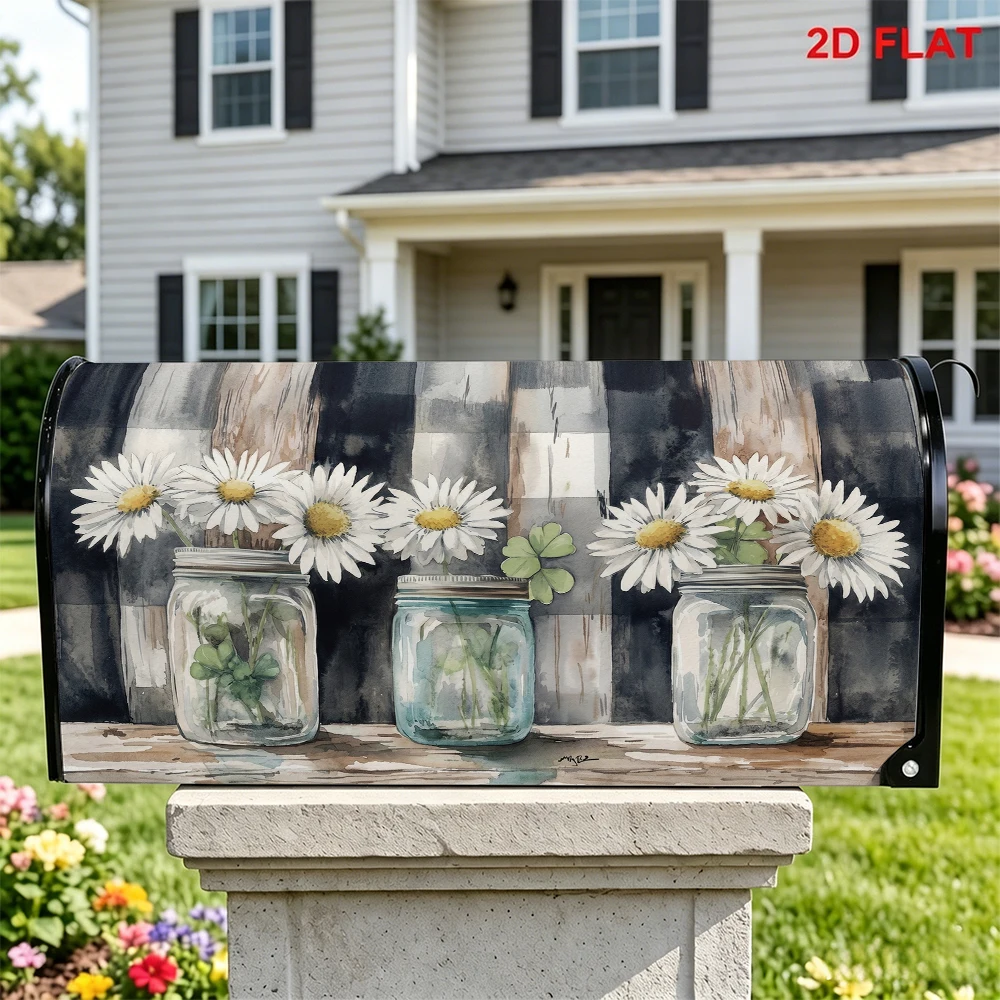 Daisy Mason Jar Mailbox Cover, Rustic Plaid Wood Background, Country Garden Decor