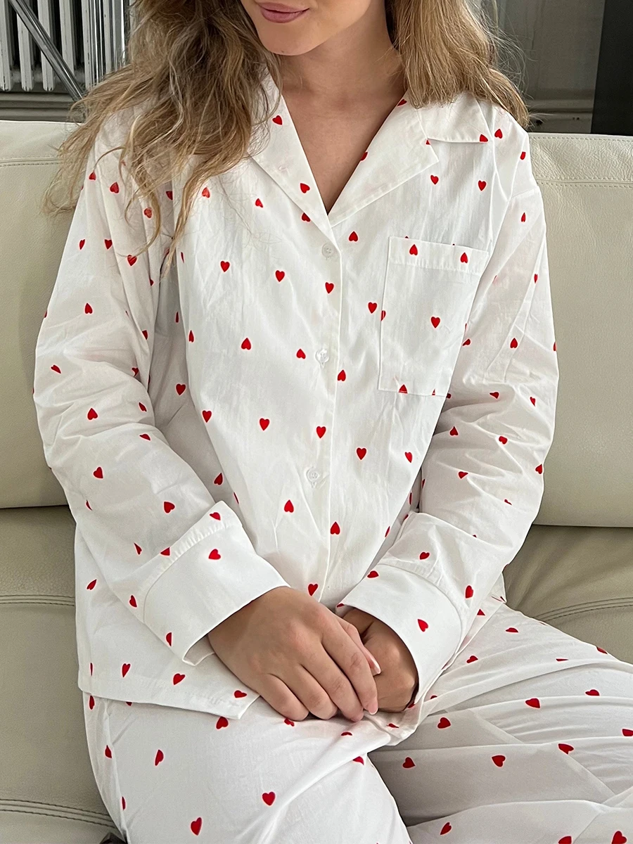 Women 2-Piece Pajama Set Long Sleeved Lapel Button Up Shirt Floral/Heart-Shaped Printed Long Pants Long Sleeved Casual Home Set