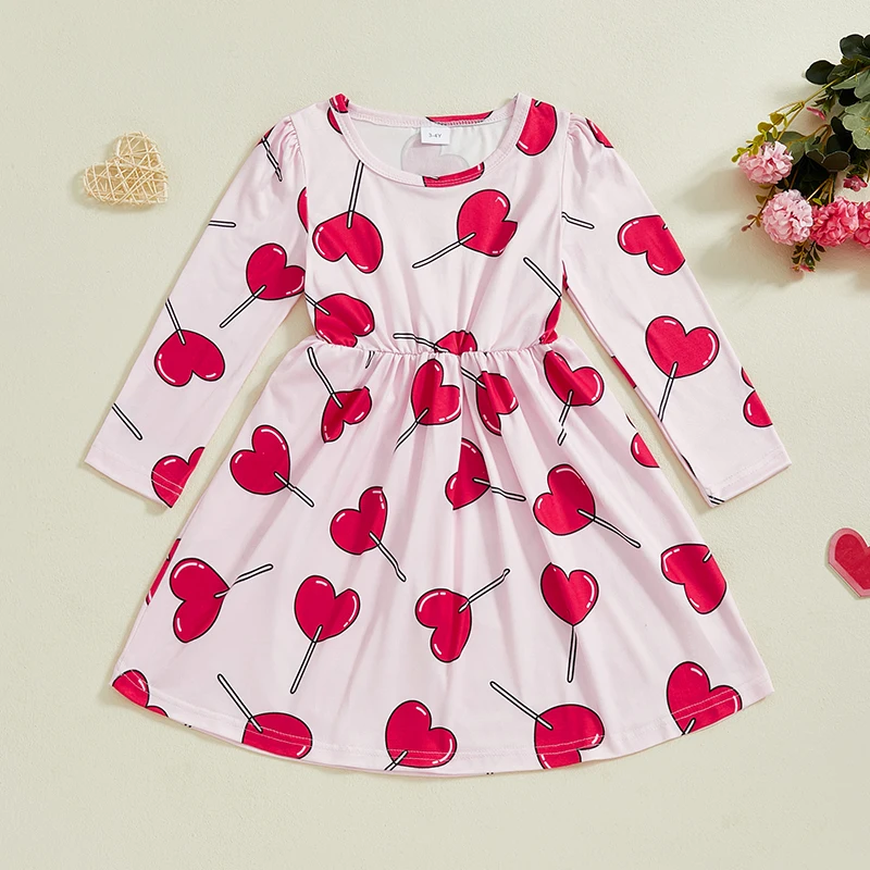 Girls Valentine's Day Dress Heart Print Round Neck Long Sleeve A-Line Spring Dresses