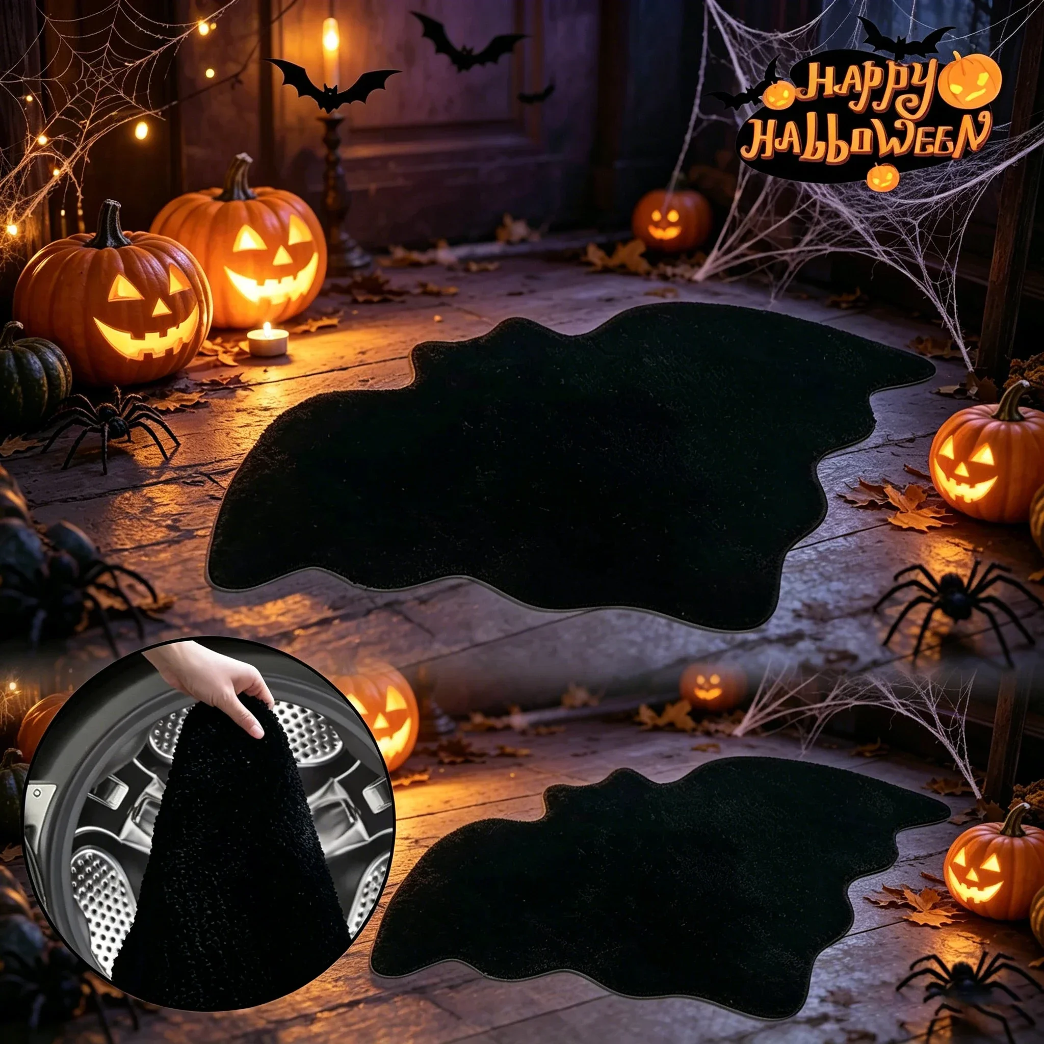 Spooky Goth Bat Bath Rug Halloween Non Slip Bathroom Mat Machine Washable Decor Skid Resistant Kitchen Bedroom Entry Floor Mat