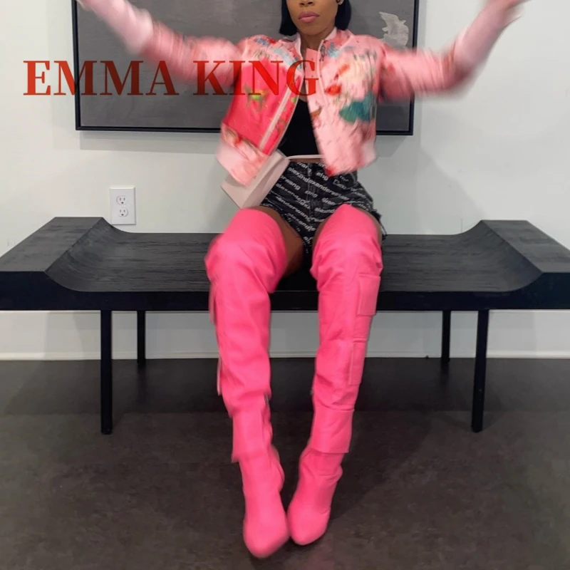 خليط الوردي جيب الأحذية أشار تو فوق الركبة رقيقة عالية الكعب الانزلاق على مثير النساء الخريف الشتاء فستان الحفلات الأحذية الأحذية