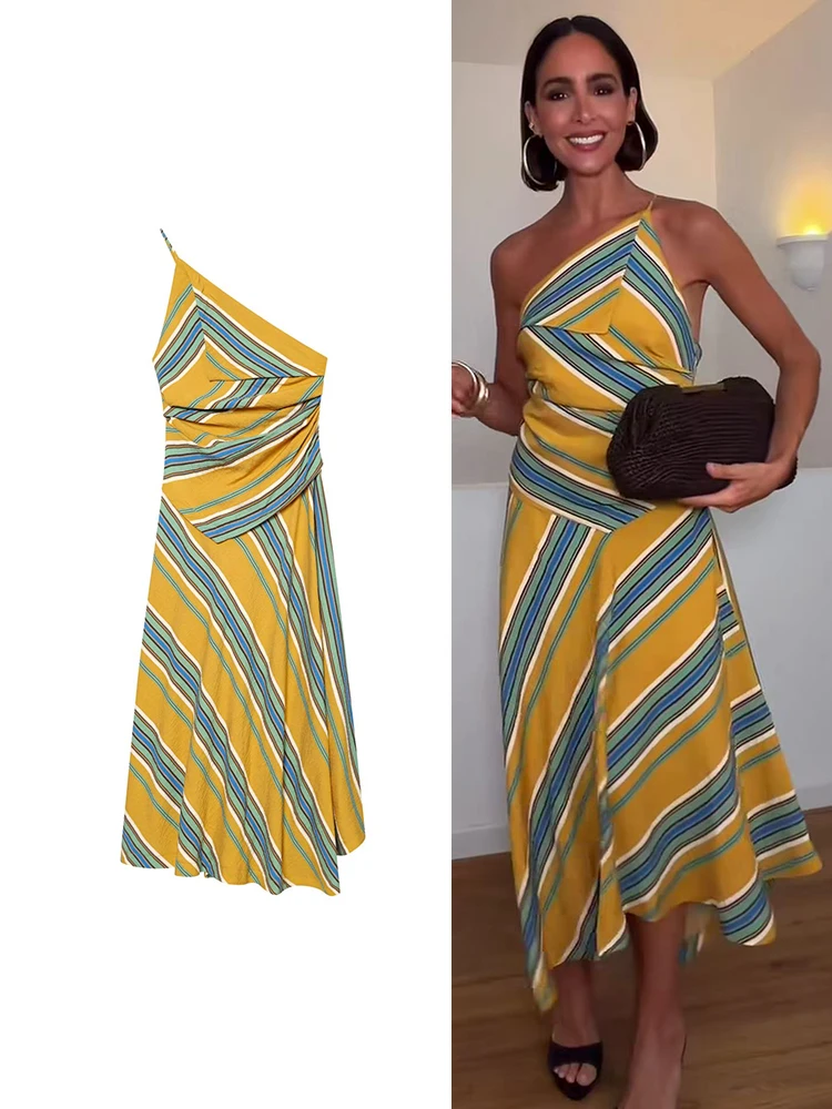 Vestido Largo de Fiesta para Mujer, Primavera-Verano 2026, Estilo Vintage, Asimétrico, con Rayas, Corte Entallado
