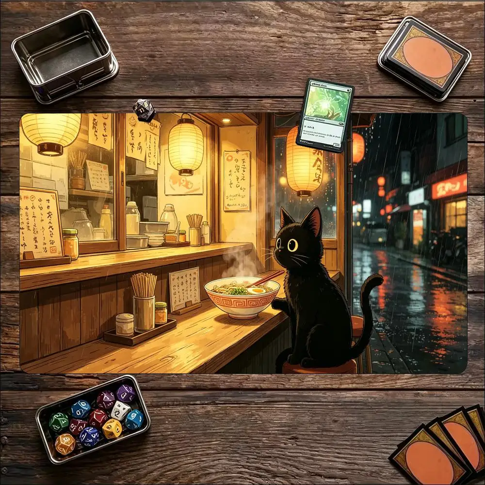 Japanese Ramen Shop Black Cat Large Playmat Non Slip Rubber Mat Warm Night Art Pad For Trading Card Board Game Desk Pad