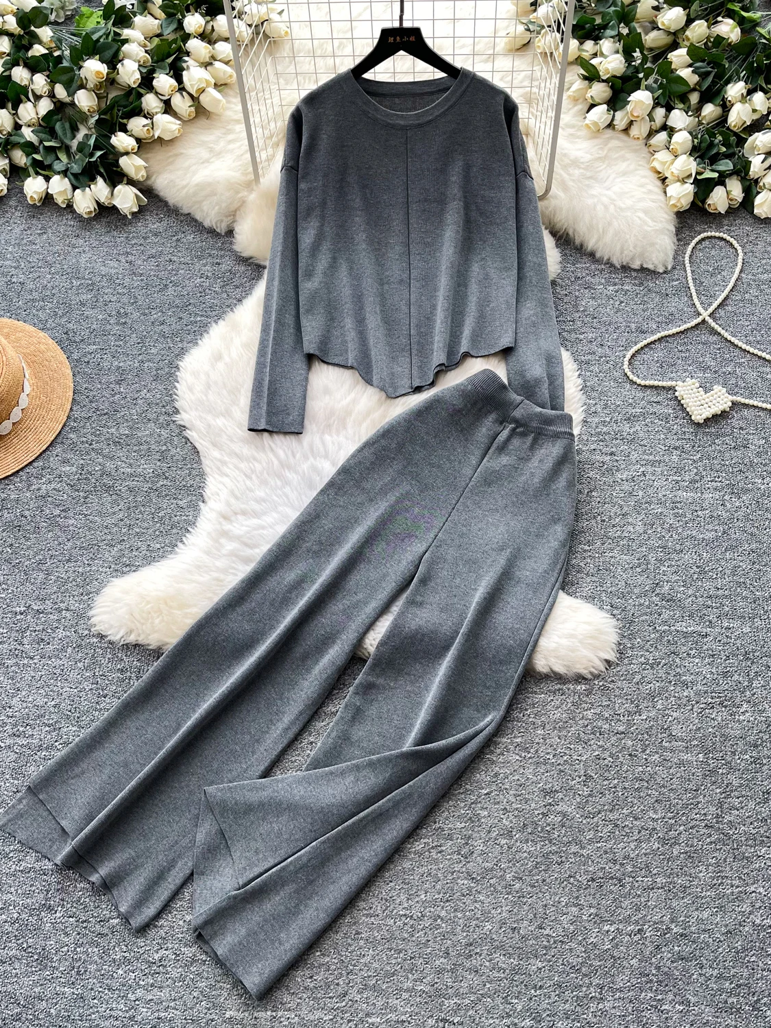 

Ladies Knitted Set High Waist Wide Leg Pants Crew Neck Two Piece Suite Comfortable Loose Feeling Autumn Fashion Casual Wear