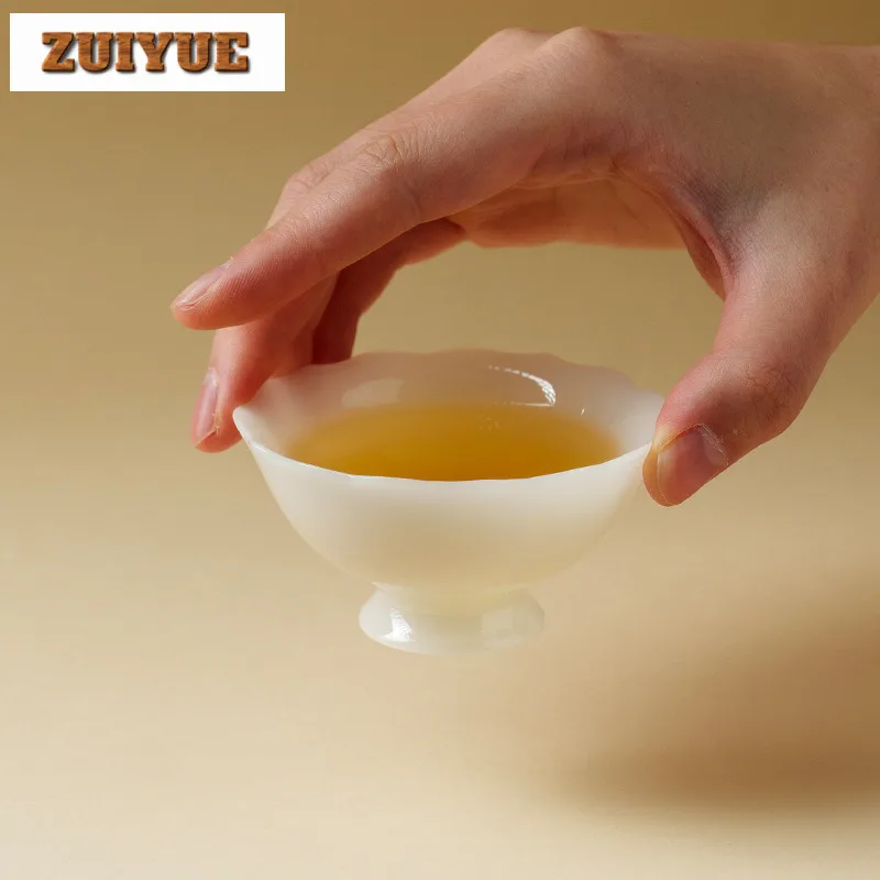 70ml Icy Jade Flower Mouth High Foot Teacup Antique Tea Bowl Tea Cup Set Tea-tasting Smelling Cup Jianzhan Master Cups Drinkware