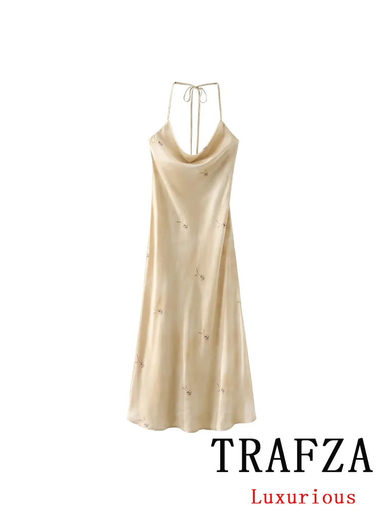 TRAFZA Vintage Chic Holiday Women Cami Dress stampa floreale Backless Long Straight Vestidos New Fashion 2024 Summer Beach Dress