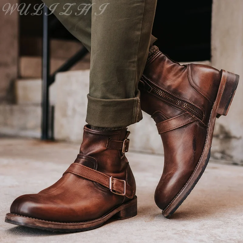 Herbst Gürtels chnalle Motorrads tiefel Herren braun Vintage Leder rutsch feste Stiefeletten Seite Reiß verschluss Komfort Mode Schuhe im Freien