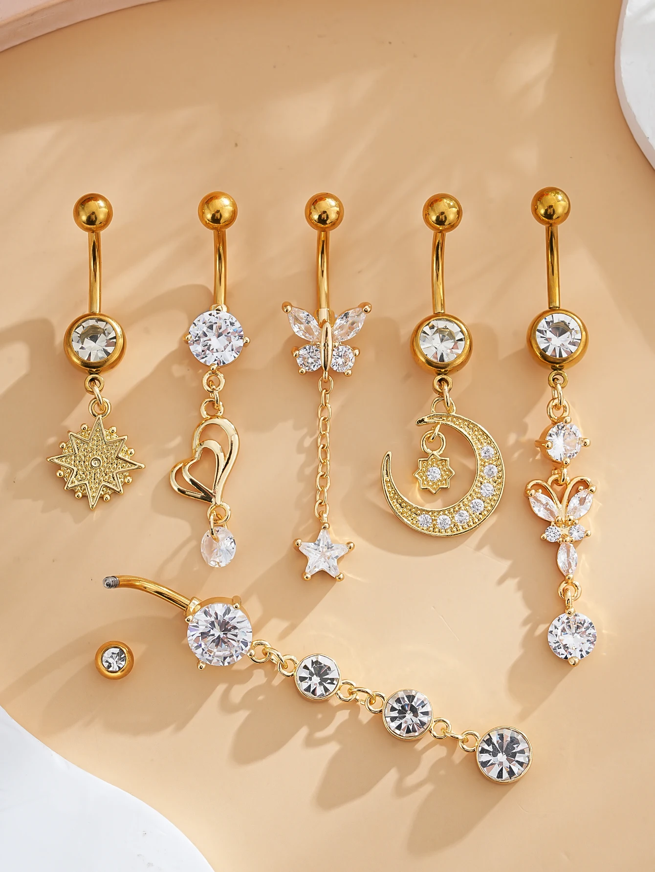 3-8 Stück/Set Gemischte Bauchnabelpiercing-Sets Lange Hängende Gebogene Bauchnabelringe Nombril Ombligo Damen 14G Schmetterling Bauchnabelpiercings – Detail 14