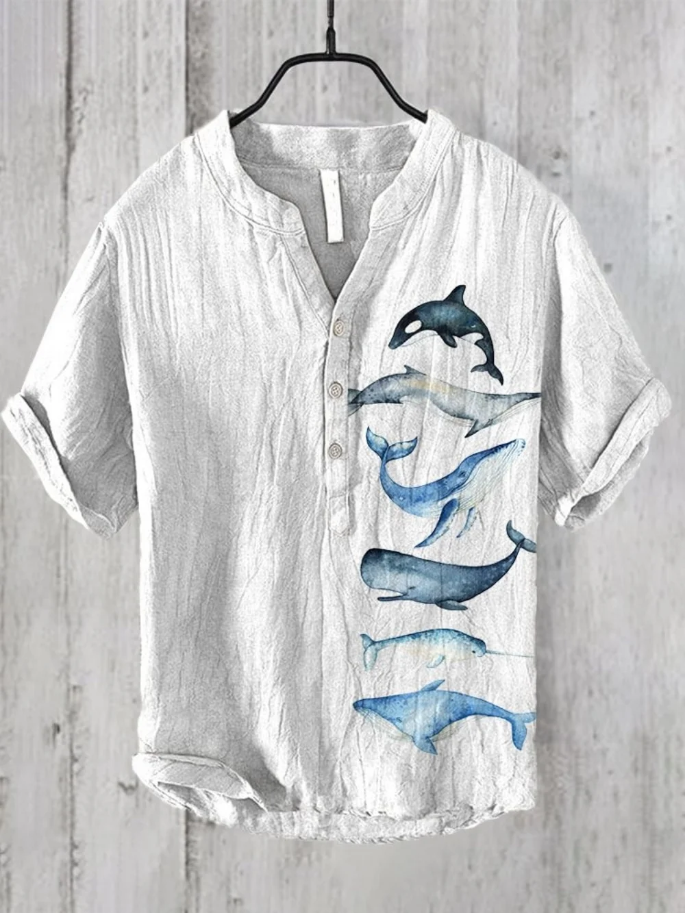 Men's Retro Linen Pullover 3D Printed Half Open 3-Button V-Neck Polo Shirt Summer Fashionable Casual Vacation Short Sleeve Top